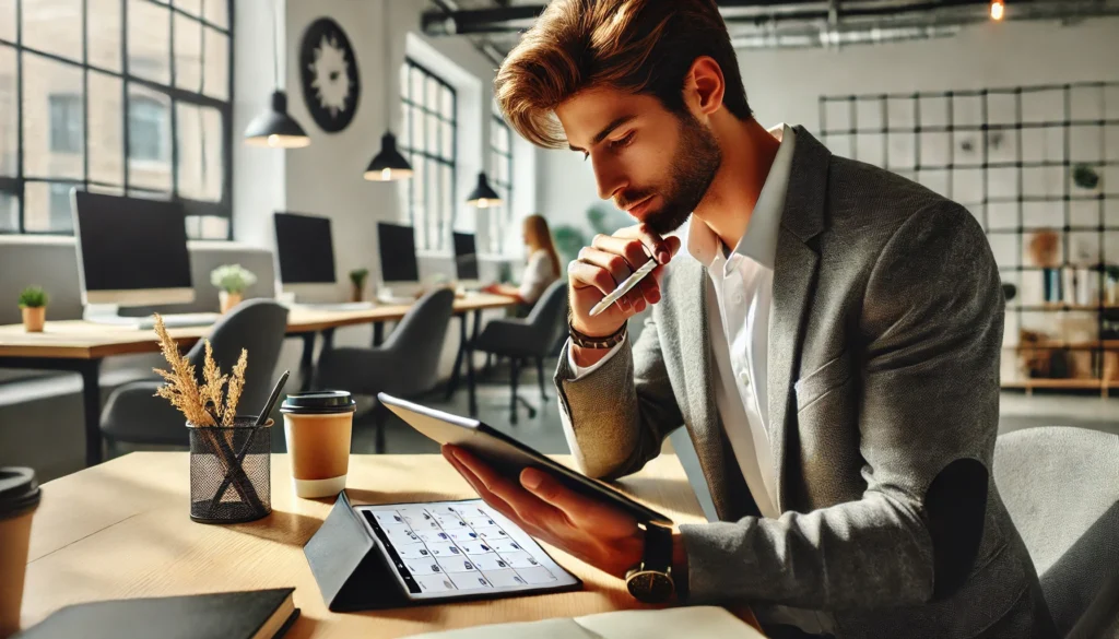 Engaged in planning a schedule on a tablet.