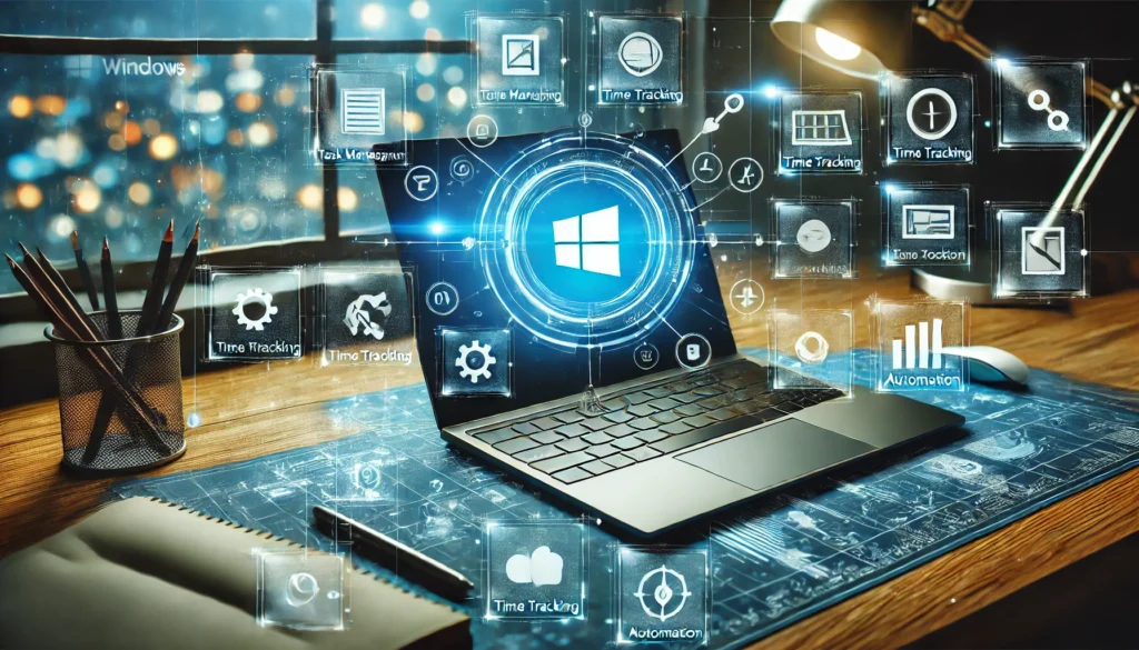  A modern digital workspace with a sleek Windows laptop surrounded by floating holographic icons representing top work efficiency apps. The glowing icons symbolize task management, time tracking, and automation tools.