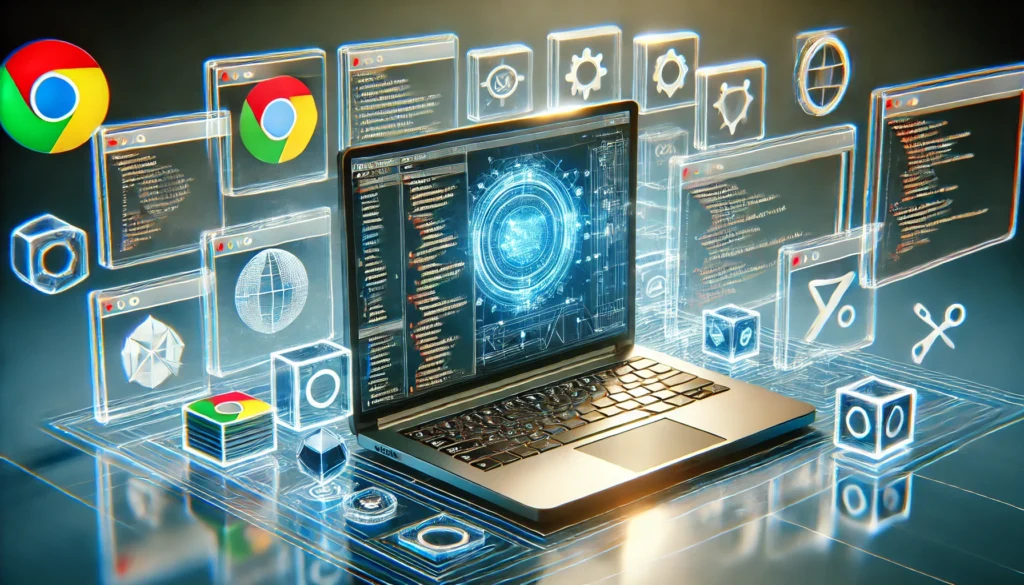 A laptop screen displays Chrome browser windows filled with developer tools, surrounded by floating holographic icons representing web development extensions. The modern workspace emphasizes coding, debugging, and web optimization.