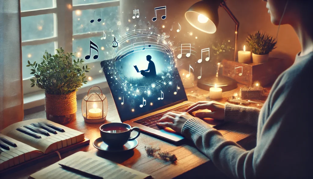 A cozy home office setting where a person listens to calming instrumental music while working on a laptop. Soft ambient lighting, a steaming cup of tea, and floating musical notes symbolize relaxation and enhanced concentration through sound.

