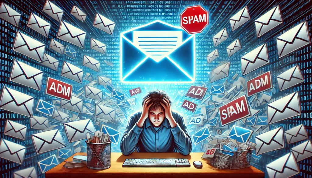 "A frustrated person overwhelmed by a flood of ad emails on their screen, with an AI-powered email deleter tool efficiently removing spam and restoring order."