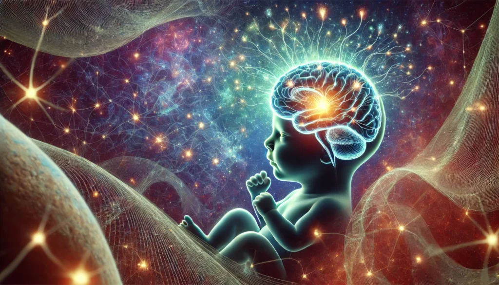 A surreal depiction of a baby’s brain with glowing neural connections forming and strengthening, symbolizing early cognitive growth. The background features an abstract cosmic web, illustrating the complexity and vast potential of infant brain development.