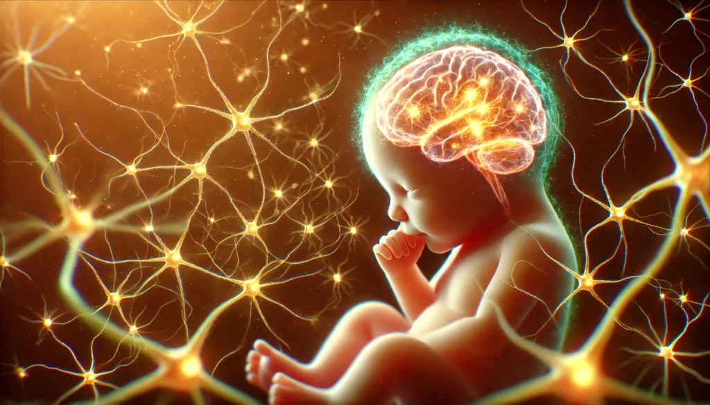 A digital rendering of a newborn baby’s brain, highlighting illuminated synapses and branching neural connections, emphasizing early cognitive development and learning potential.