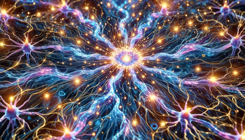 A mesmerizing digital rendering of an electrical impulse propagating through a neural network, with synapses firing in rapid succession, creating a ripple effect of interconnected energy.