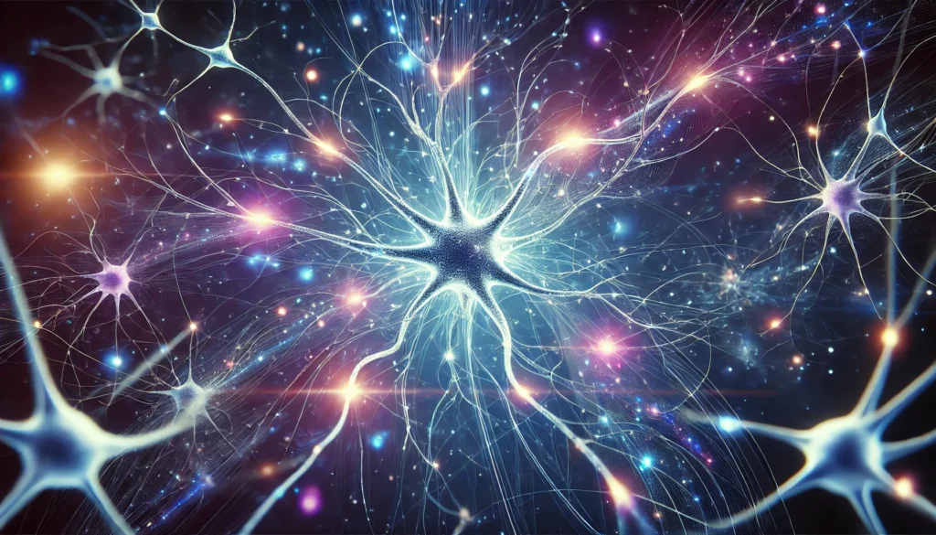 A conceptual depiction of neurons firing, showing a complex web of glowing synapses and energy trails that illustrate how neurons convey information within the nervous system.