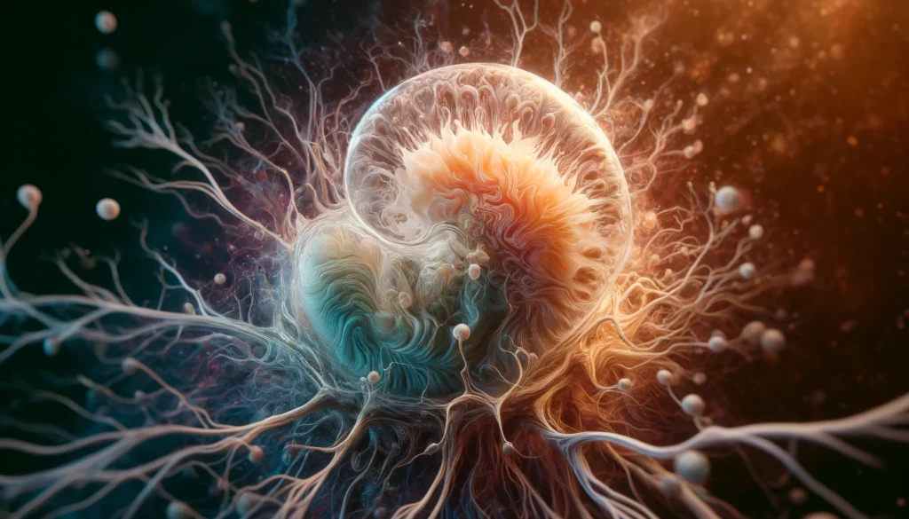  "A surreal visualization of advanced brain embryonic development, displaying a nearly fully formed embryonic brain with glowing neural activity and delicate, branching neurons forming a dense synaptic network."