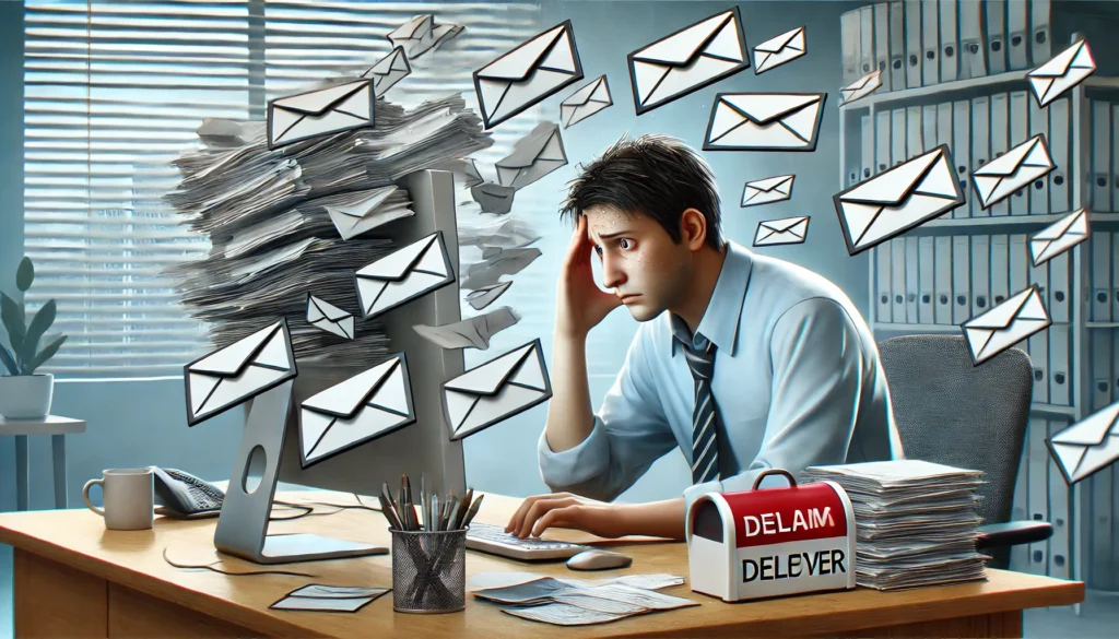  "A frustrated office worker overwhelmed by a flood of company emails, with an AI-powered email deleter tool actively blocking and removing spam messages to restore order."