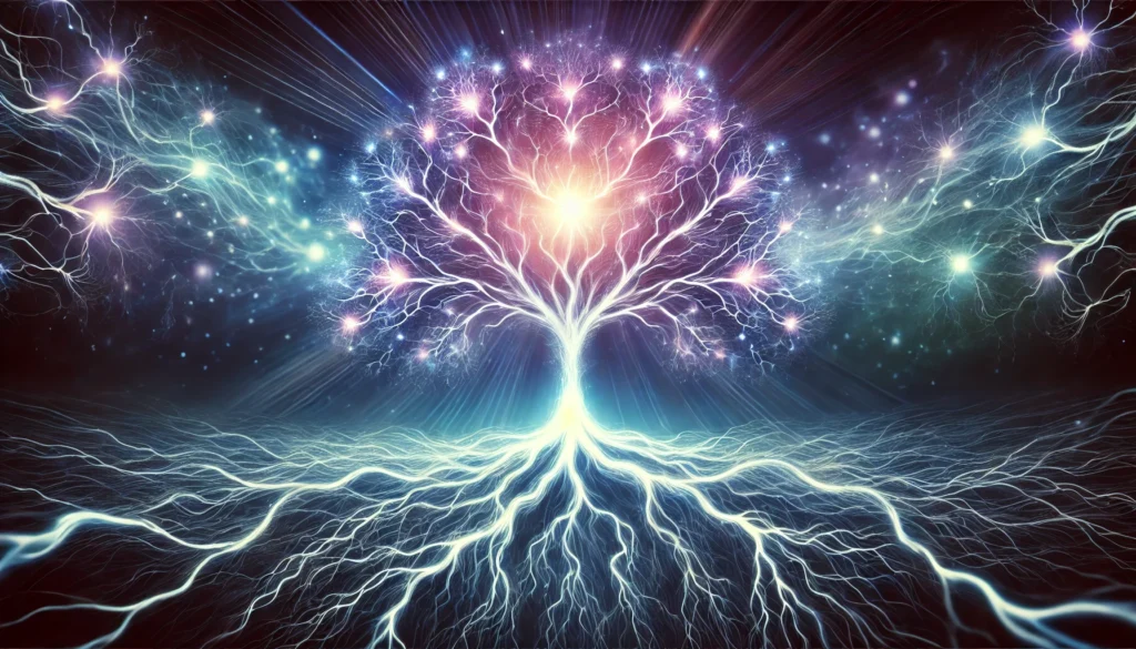 A surreal glowing tree with branches resembling interconnected neurons, absorbing radiant energy, symbolizing brain plasticity and nootropic influence.