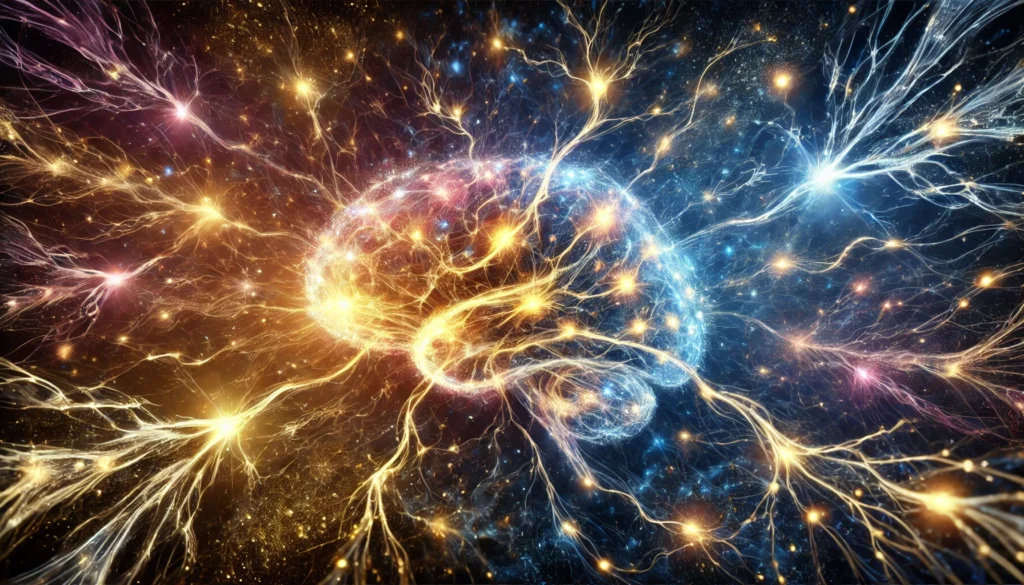 An artistic representation of neurons firing in the brain, resembling a galaxy of interconnected glowing synapses. Deep blues transition into golden hues, symbolizing the strengthening of neural pathways and cognitive function.