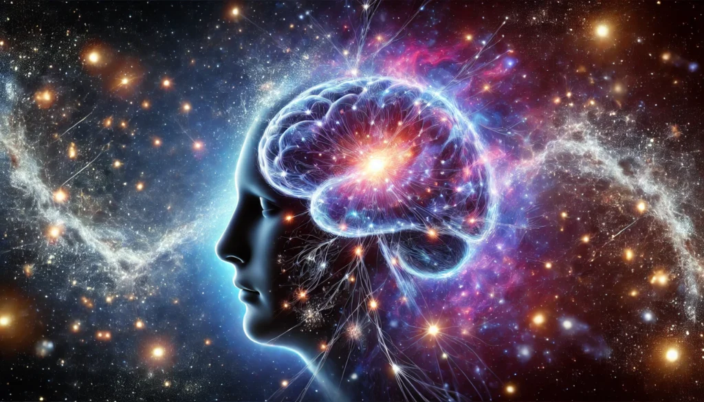 A surreal depiction of a human brain merging with a galaxy, symbolizing infinite cognitive potential and strengthened synaptic connections.