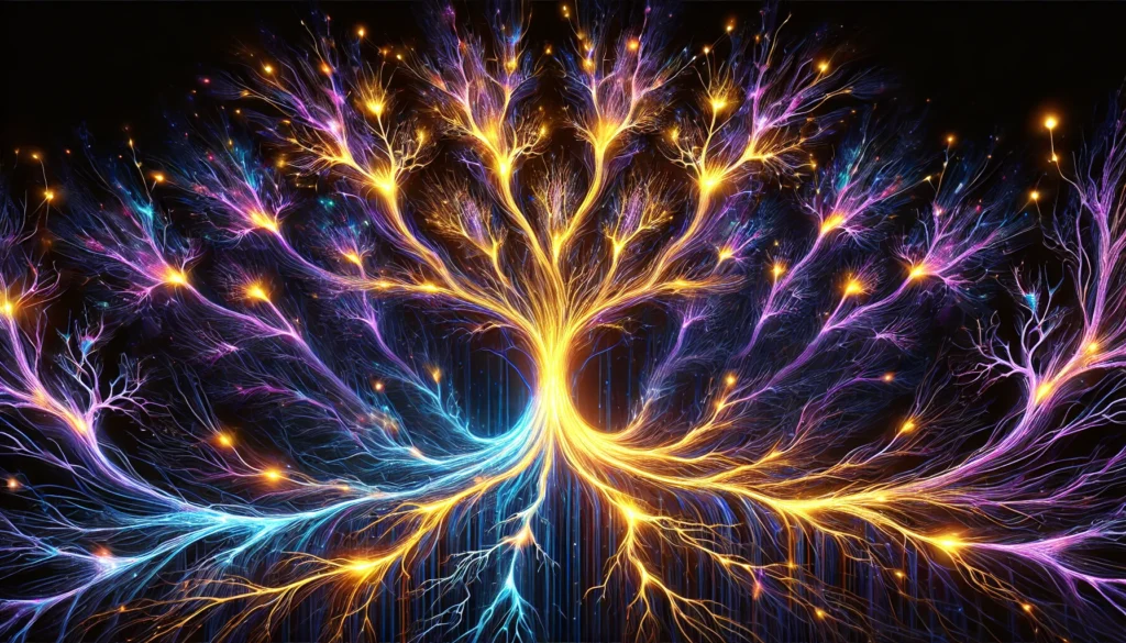 An artistic visualization of neural networks growing and branching out like tree roots, depicting cognitive enhancement. The glowing tendrils of neurons in electric blue, purple, and gold signify brain development and mental expansion.