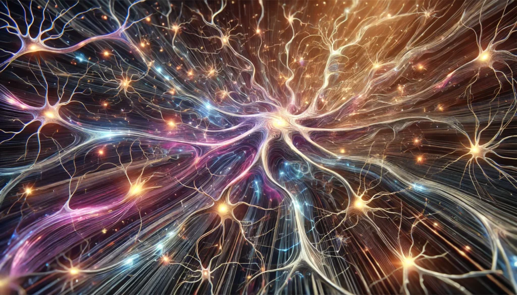 "Intricate digital artwork of neurogenesis in the brain, depicting a glowing web of neurons forming new synaptic pathways. Electric impulses travel between cells, symbolizing cognitive enhancement, memory recall, and neural plasticity."