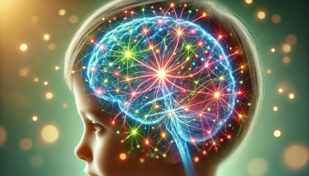 A close-up of a child’s brain with glowing neural pathways expanding, representing neuroplasticity. Colorful interconnected lines and nodes radiate outward from the center, symbolizing enhanced memory and recall through neuroplasticity.