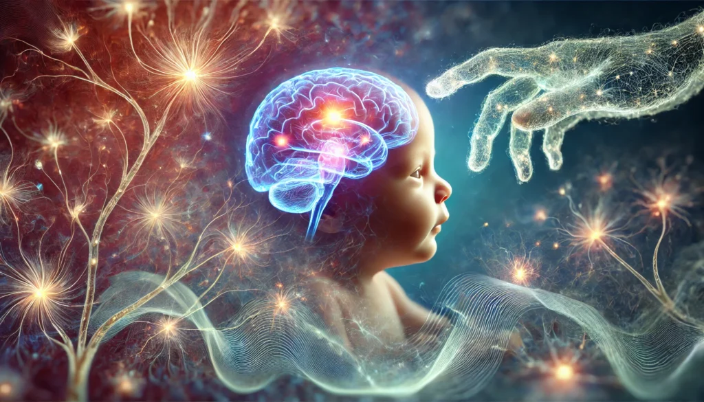 An artistic visualization of an infant’s brain growth, with neurons lighting up in response to sensory stimuli. Glowing hands surround the baby, symbolizing parental interaction fostering neural connections in early development