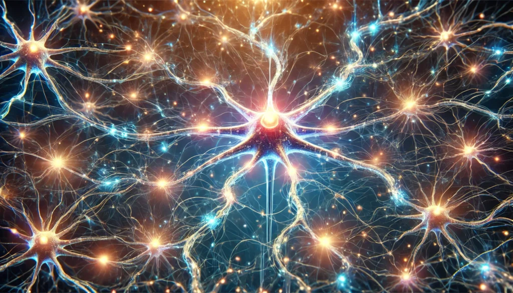 A stunning illustration of a neuron transmitting electrical impulses between synapses, symbolizing enhanced neural communication and improved synaptic activity for better memory recall.