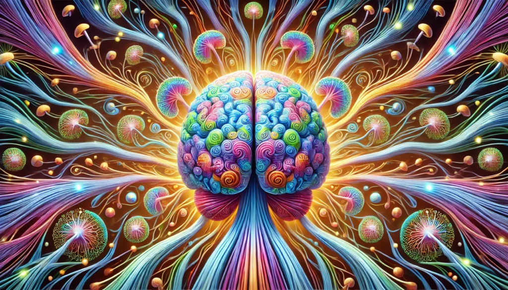 An artistic representation of a human brain surrounded by psychedelic patterns and vibrant colors, symbolizing the influence of psilocybin on neuroplasticity, with synaptic connections being restructured and enhanced for improved memory and recall.