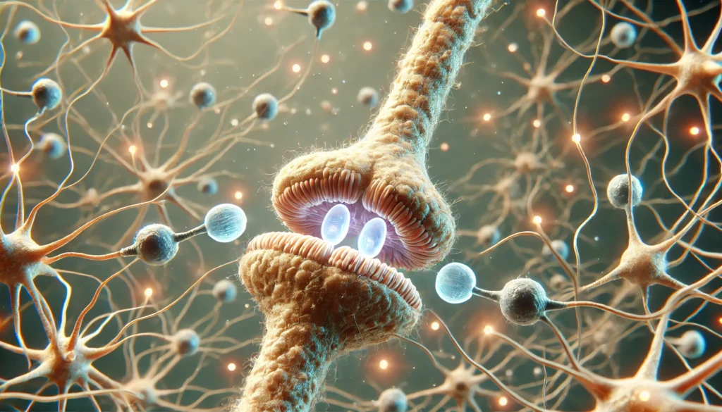 A close-up scientific visualization of the synaptic gap, displaying neurotransmitters being released from vesicles and binding to receptors on a postsynaptic neuron, emphasizing neural communication.