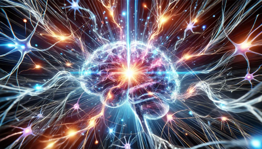 A futuristic visualization of dynamic brain synapses strengthening, highlighting neurogenesis and cognitive enhancement. A glowing web of neurons transmits bright energy pulses through axons and dendrites in an electric blue and orange color scheme.