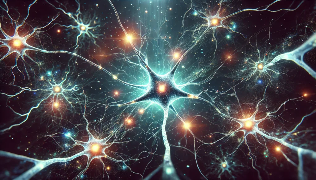 A futuristic representation of regenerating neurons, featuring bright electrical impulses connecting glowing nerve cells against a dark space-like background, symbolizing advancements in neuroscience and extended neuronal lifespan."