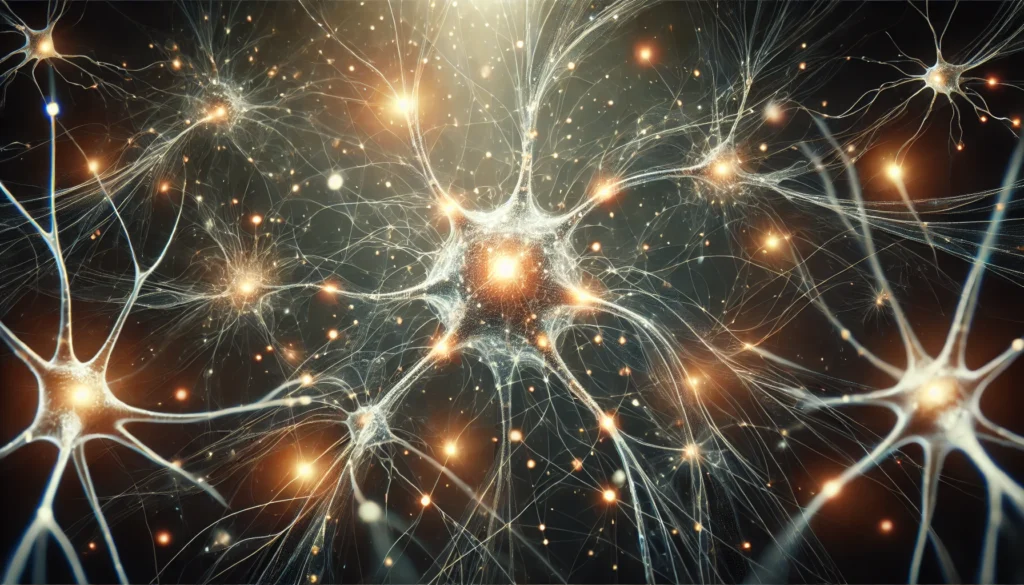 "An abstract depiction of neurons and synapses in the brain, with interconnected glowing lines and dots symbolizing neural communication. The glowing pathways convey the complex process of synaptic transmission and plasticity, highlighting the strengthening of neural pathways in response to learning."