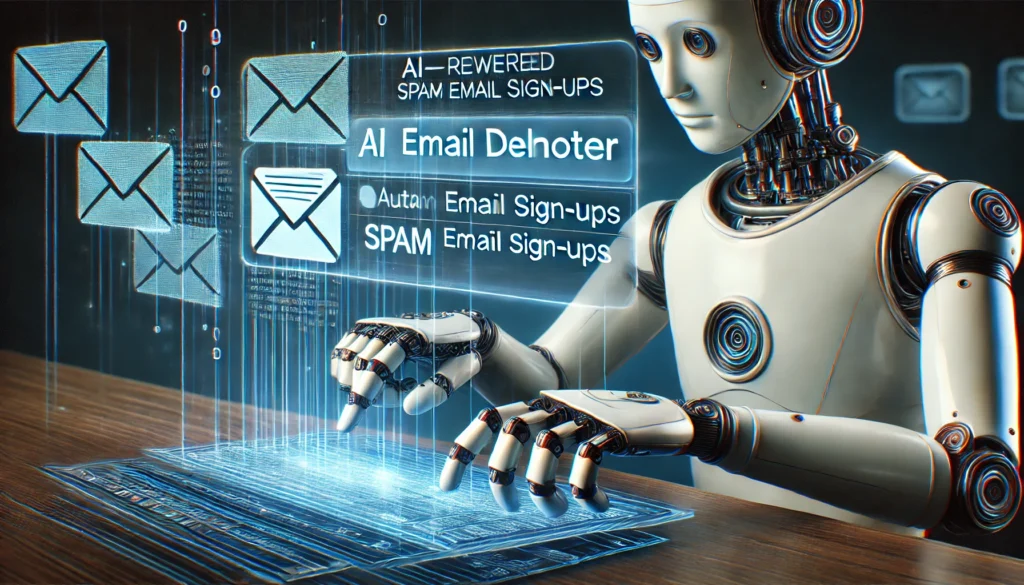 "A futuristic AI-powered email deleter tool actively scanning and removing spam email sign-ups from an inbox, emphasizing automation, security, and streamlined email management."