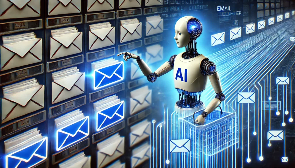 A conceptual illustration of an AI-powered 'email deleter' streamlining multiple email accounts into a single unified inbox, managed by a glowing digital assistant."