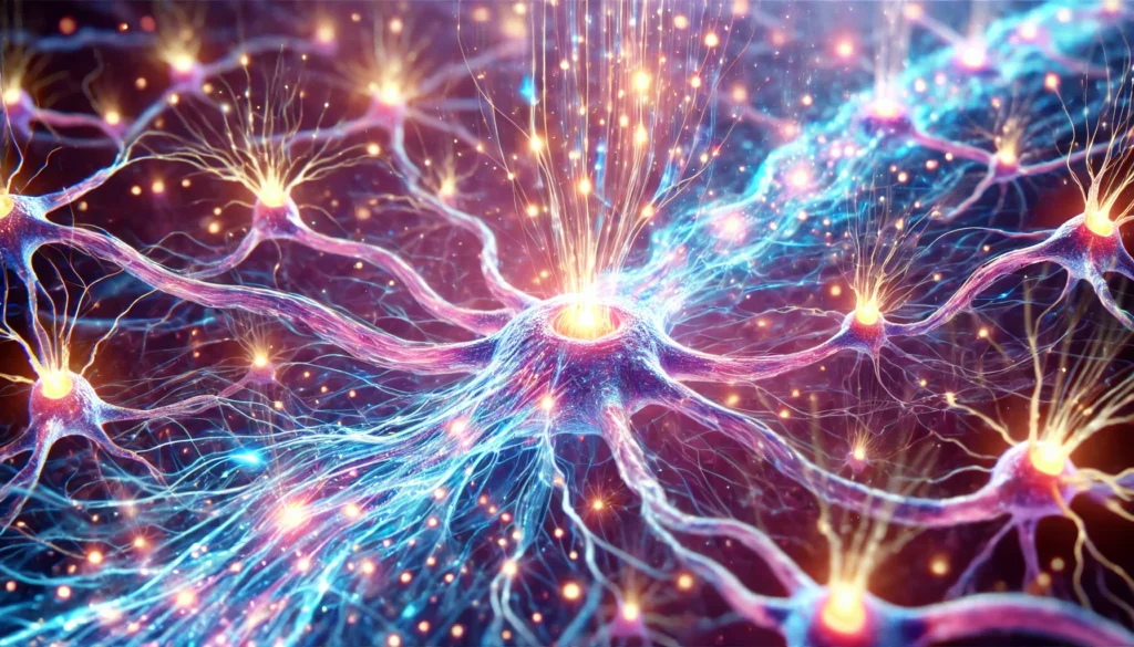 "Abstract high-energy visualization of synaptic transmission, with vibrant electrical pulses traveling across the synaptic gap. The glowing sparks and background of soft blues and purples represent strengthening synaptic connections."