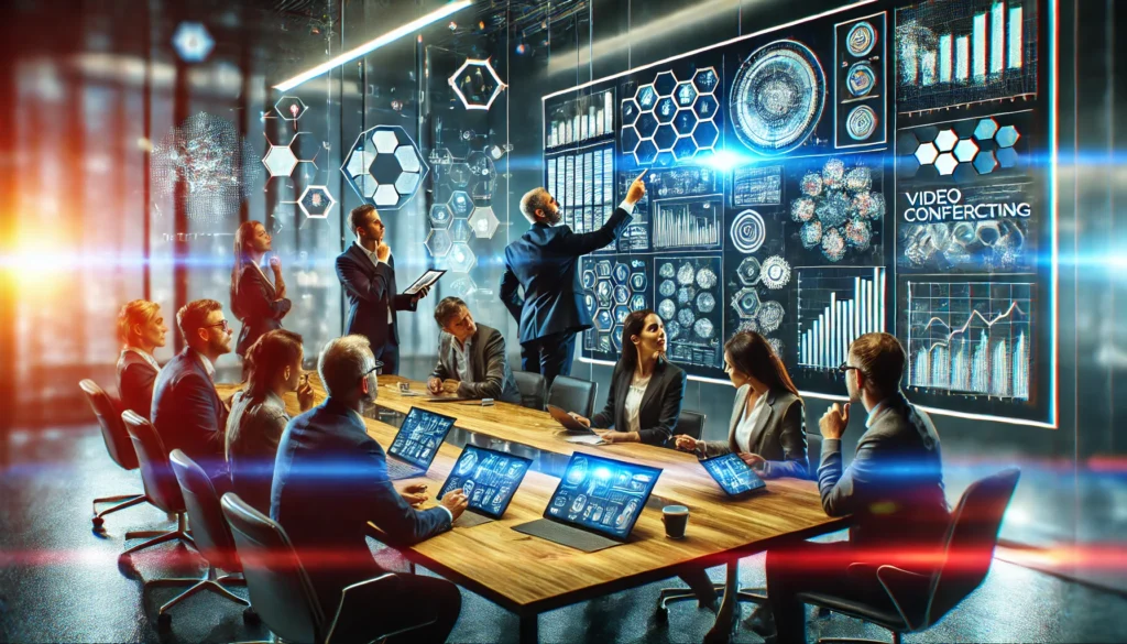 A high-tech conference room where professionals are engaged in a productive brainstorming session. Participants are using interactive tools like digital whiteboards, video conferencing screens, and tablets to collaborate on innovative ideas. The atmosphere is dynamic, with people discussing, pointing at screens, and taking notes.