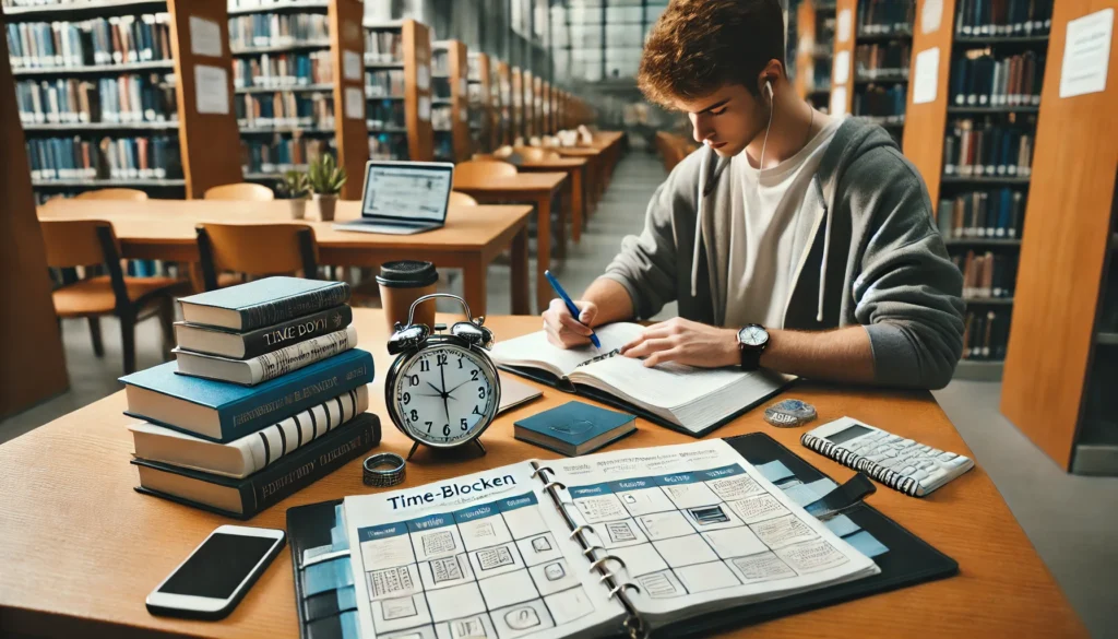 A student in a college library using a time-blocking method on a physical planner. The desk is neatly arranged with textbooks, a to-do list, and a clock showing designated study time slots, illustrating practical time management strategies for students.