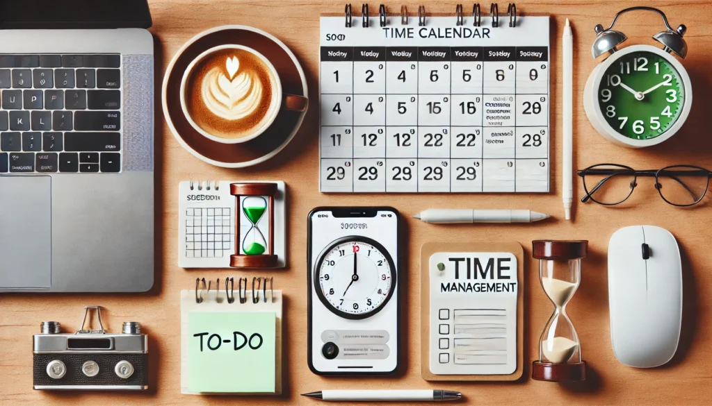 An overhead view of a well-organized workspace featuring a digital calendar, a to-do list, and a timer for implementing time management techniques. The desk is neat, with a coffee cup and a smartphone displaying a scheduling app.