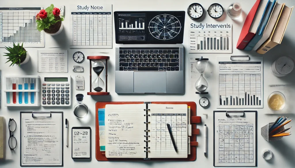 An overhead view of a well-organized research workspace.