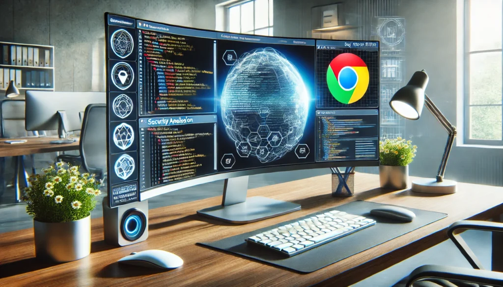 A large curved monitor showcases Chrome browser windows with code inspection tools, security analysis, and network debugging interfaces. A professional desk setup includes a sleek keyboard, mouse, and smart lighting.