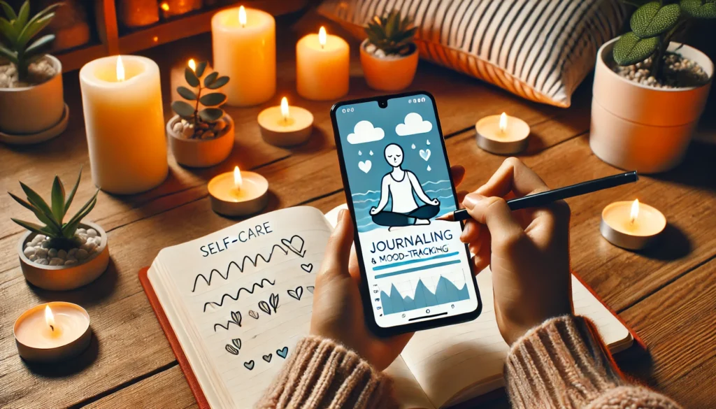 A smartphone displaying a journaling and mood-tracking app in a tranquil self-care environment. The background includes candles, soft pillows, and a person writing in a notebook, symbolizing mindfulness and emotional reflection.