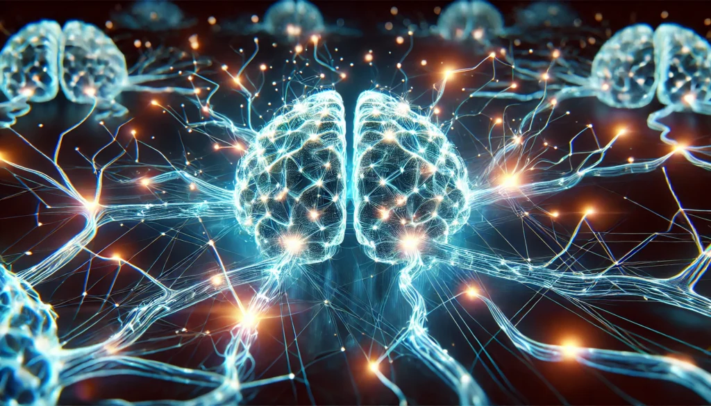 A futuristic visualization of interconnected neurons, with electrical impulses traveling across synapses, emphasizing the role of neural pathways in memory improvement.