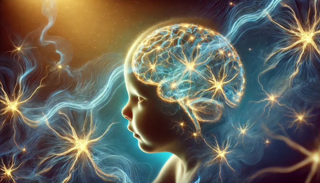 A surreal depiction of neural pathways forming in an infant's brain, with electric currents weaving through a developing brain structure, representing synaptic growth and memory formation.