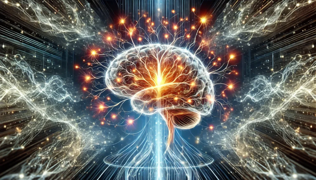 A conceptual visualization of neural enhancement, featuring electric currents and radiant neural pathways, illustrating the activation and optimization of memory-related brain circuits.