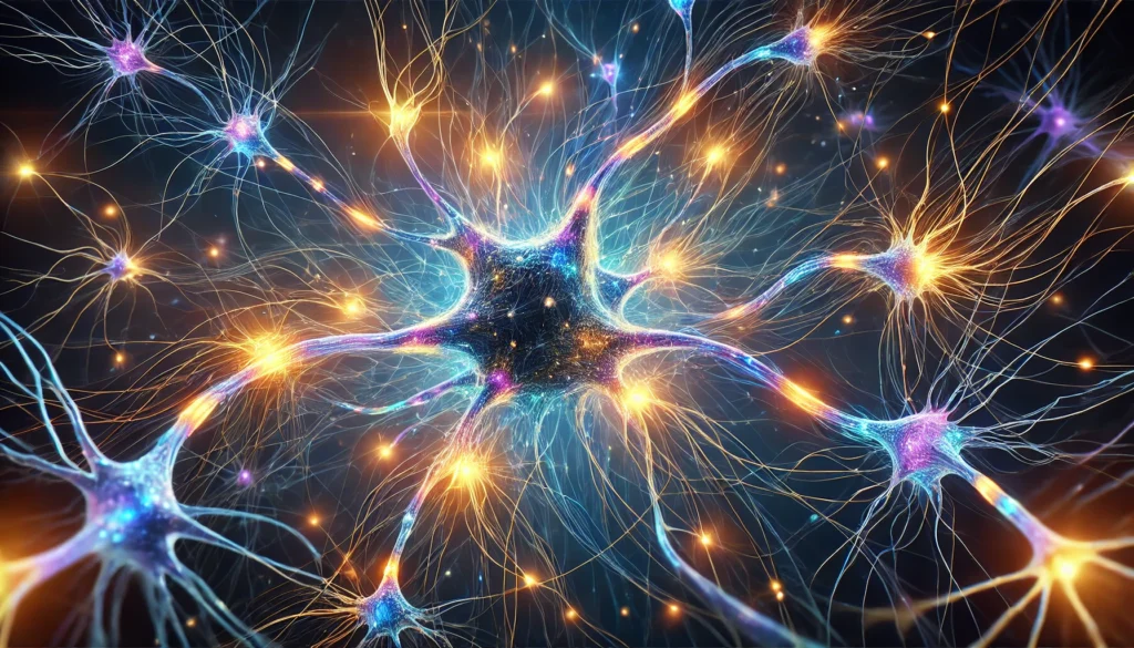 An artistic high-resolution visualization of neural pathways strengthening, featuring interconnected neurons linked by dynamic glowing synapses, transitioning from cool blues to warm golds.