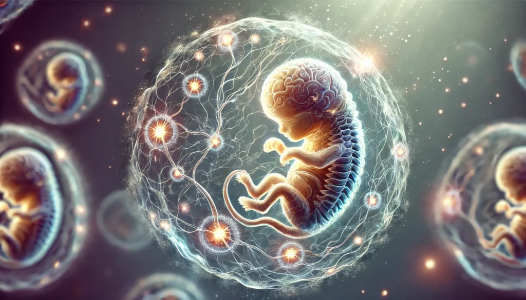 "A futuristic depiction of mid-stage brain embryonic development, featuring a semi-transparent embryo with highlighted neural pathways and migrating neural crest cells against an ethereal glowing background."