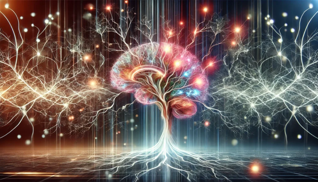 "An abstract artistic representation of a human brain with branching neural pathways illuminated by vibrant electrical pulses, conveying the concept of neuroplasticity and mental growth."