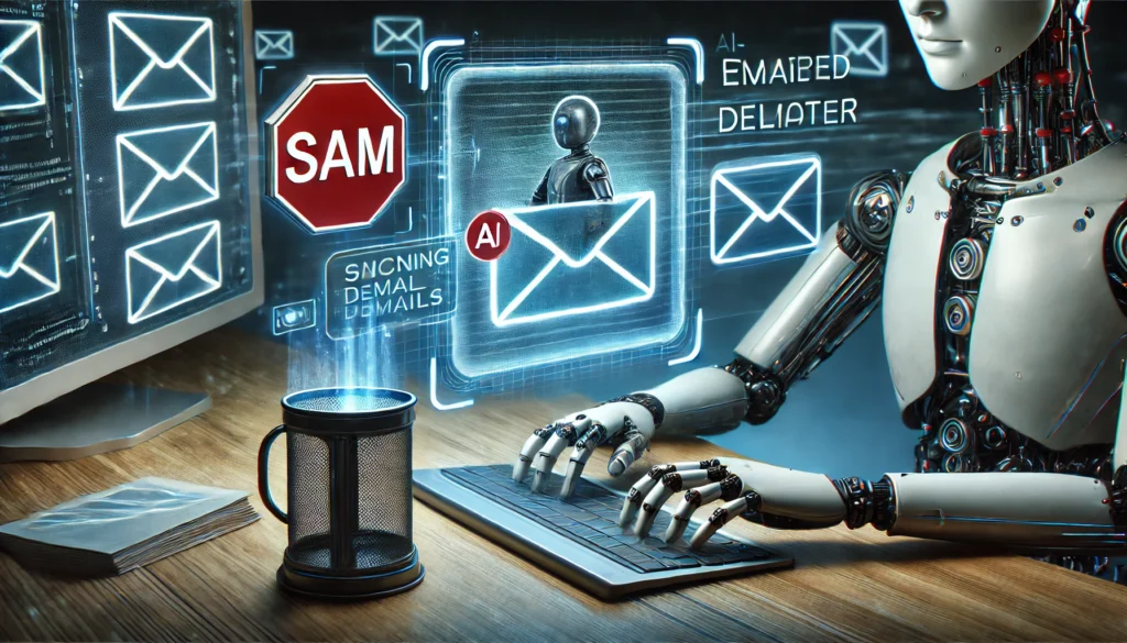 "A futuristic AI-powered email deleter tool actively scanning and blocking spam emails in a sleek, modern email interface, showcasing automation and digital security."