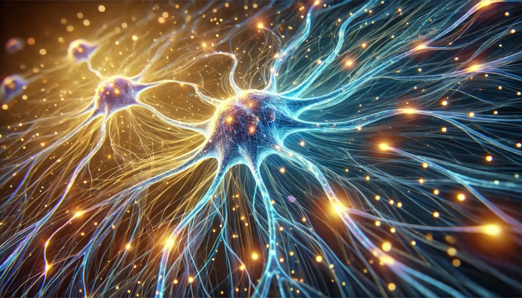 "High-resolution visualization of neuron growth in the human brain, featuring glowing synaptic connections forming dynamic links. The deep blue and gold color contrast highlights intelligence, cognitive development, and memory recall."