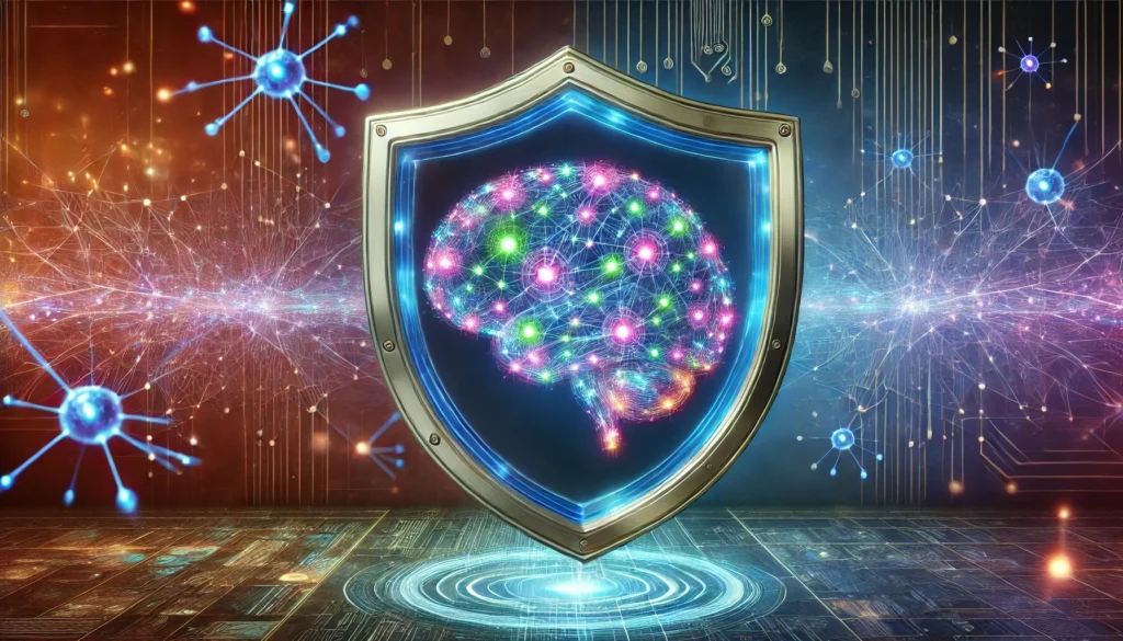 A futuristic representation of brain protection and cognitive enhancement, featuring a glowing shield surrounding active neural networks. The image conveys the concept of neuroprotection and brain health, with bright blue and purple synaptic connections set against a high-tech, abstract background.