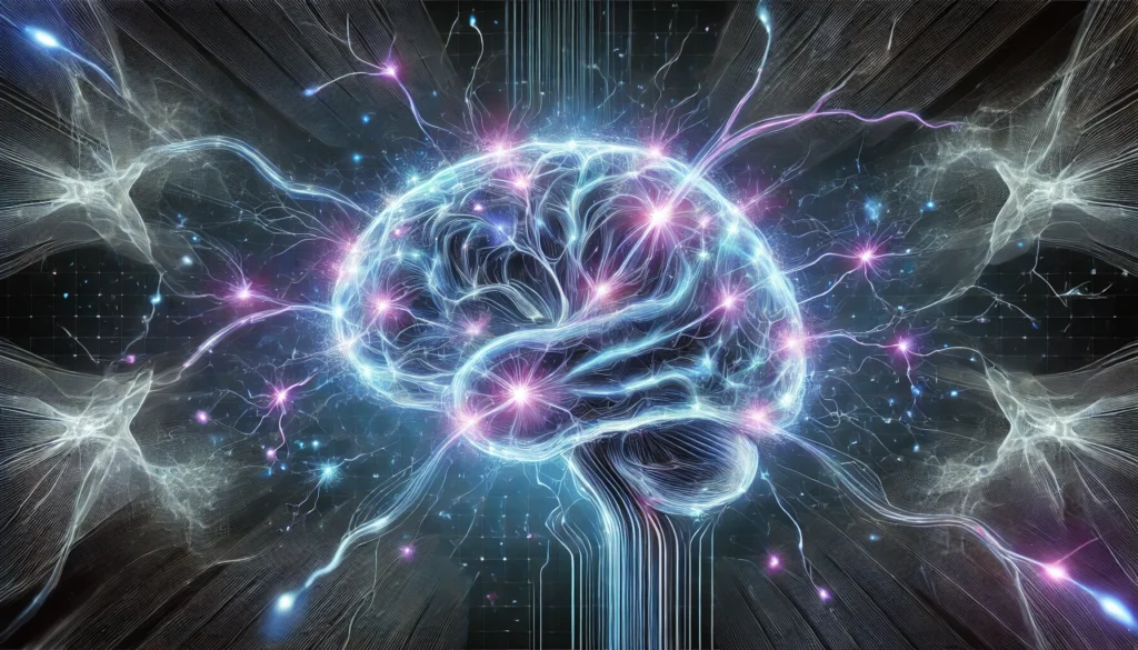 A visually striking depiction of neural connections forming and strengthening inside a human brain, with electric blue and violet synapses firing energy, illustrating memory recall and learning enhancement.