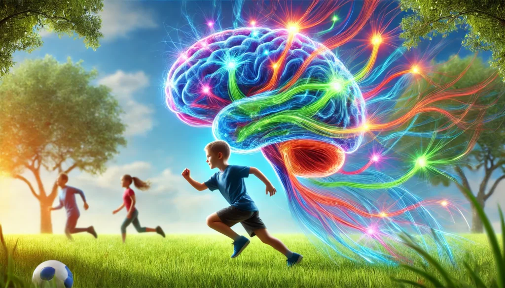 A dynamic scene of a child playing outdoors with vibrant, glowing neural pathways emerging from their brain. The colorful pathways twist and turn, symbolizing the connection between physical activity and neuroplasticity in childhood.