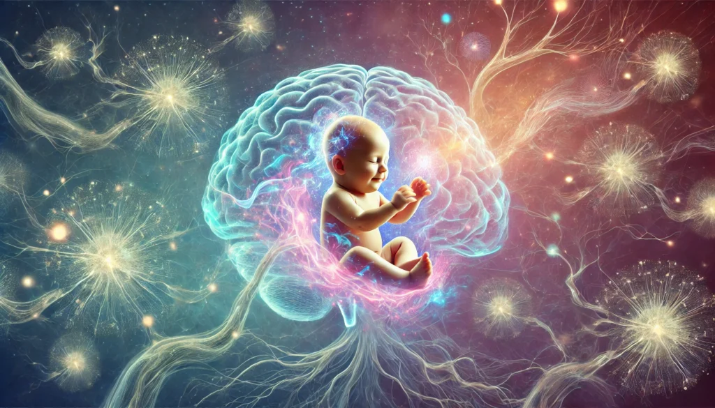 A conceptual illustration of an infant surrounded by glowing synaptic connections resembling a cosmic network. Nature-inspired elements blend with neural pathways, emphasizing the impact of early experiences on brain development.