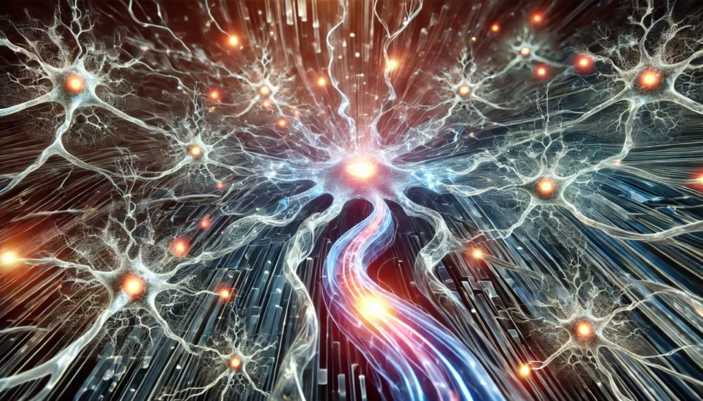 A futuristic and surreal depiction of neural connections, highlighting the synaptic gap with glowing neurons and electric-like pulses traveling between them, representing brain activity and mental processes.