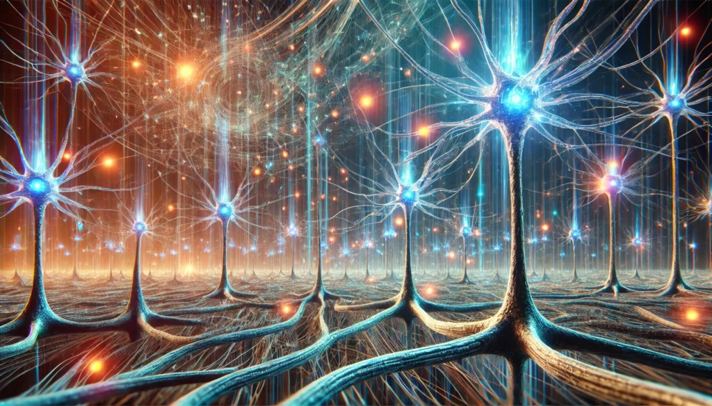 A surreal, high-resolution depiction of neurons forming complex synaptic connections in a bioelectric network. Pulsing blue and orange lights illustrate brain activity, learning, and memory formation within an abstract neural web.