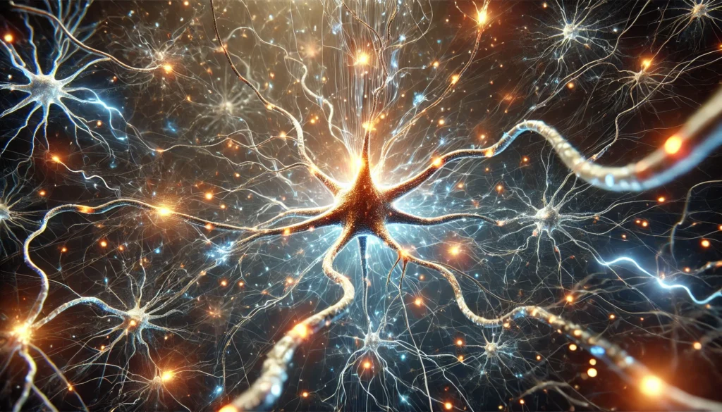 A stunning 3D-rendered visualization of neuron activity, featuring synaptic connections firing with glowing axons and dendrites transferring electric signals, highlighted by bursts of energy and neurotransmitter release, set against an abstract brain network.