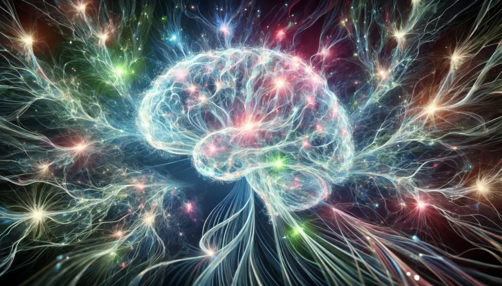 Abstract visualization of a brain's neural pathways enhancing memory and learning