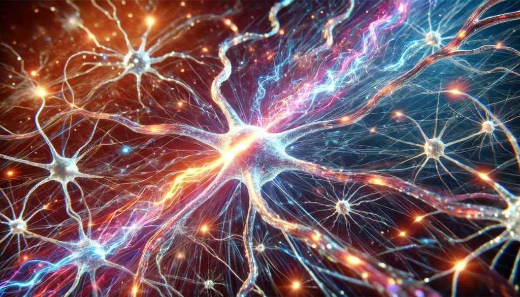 "Concept of memory recall, showing a complex neural network with glowing connections and electric sparks crossing the synapse. A dynamic background represents the enhancement of cognitive function and memory retrieval."